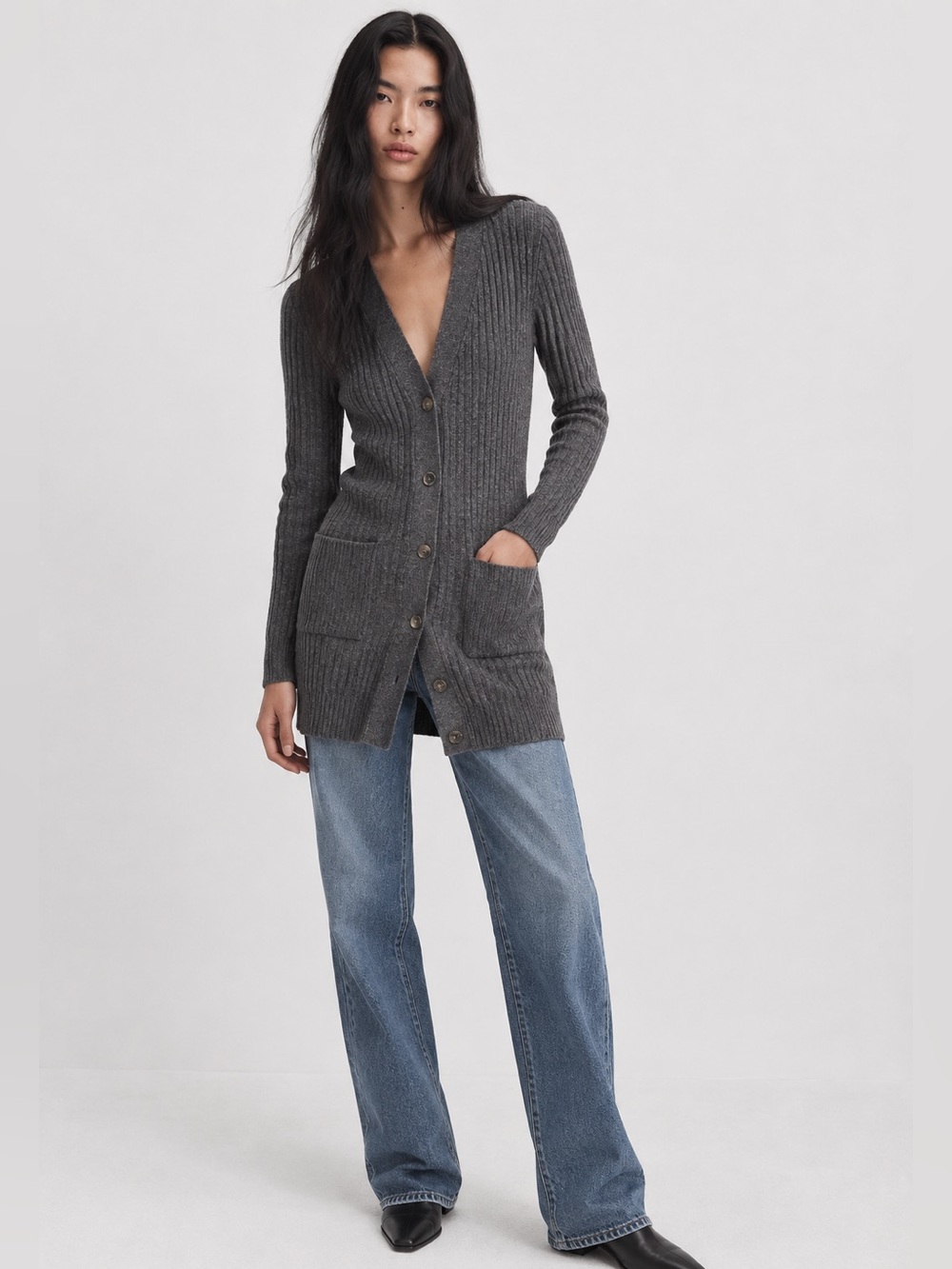 rag & bone 100% Wool Ribbed Longline Cardigan Sweater Charcoal Gray Size Medium